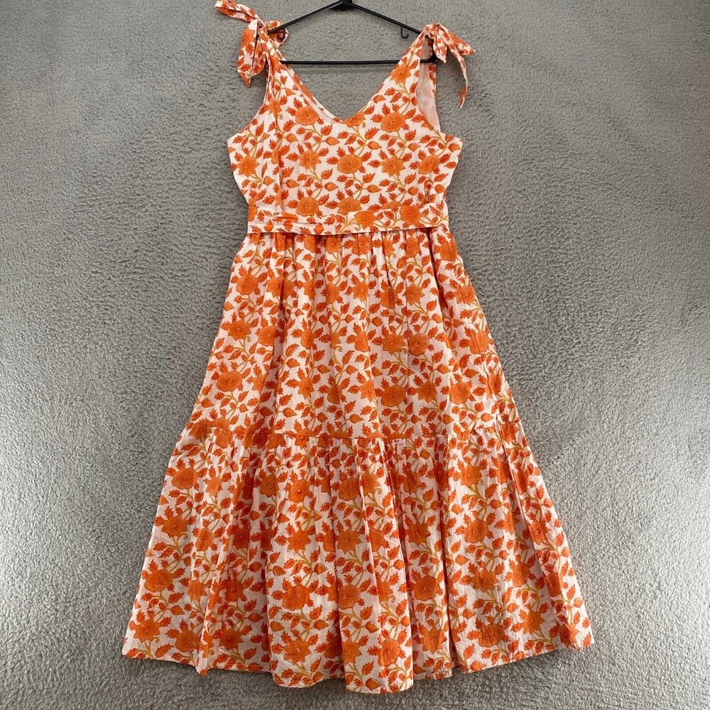Victoria Dunn Dress Womens Floral Fit Flare Tie Sleeves Tiered Orange - Picture 1 of 12
